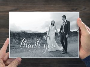 Shows a picture of a beautiful wedding thank you card design