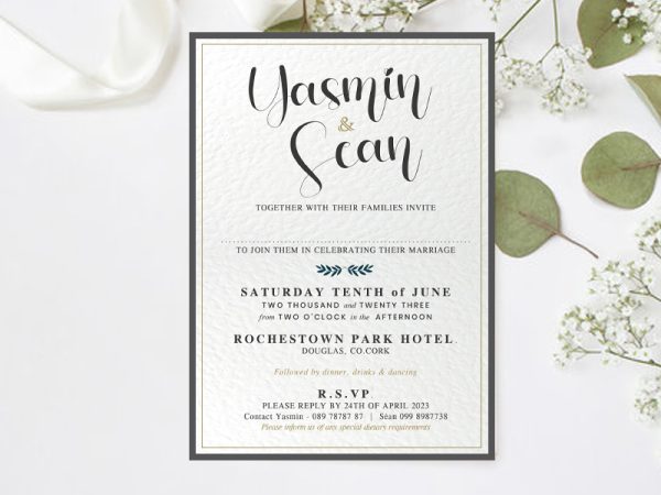 Picture of Yasmin & Sean Invite with thin gold border