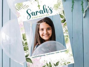 Picture of a girl holding a confirmation selfie frame