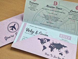 This is a picture of a pink boarding pass invitation with flight ticket