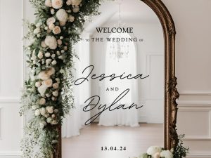 A pic of a mirror with wedding print decals