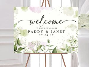 Picture of a wedding sign with a Green Leafy Design