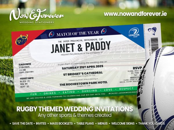 A picture of a rugby ticket style wedding invitation